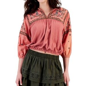 Lucky Brand Coral Embroidered Blouse